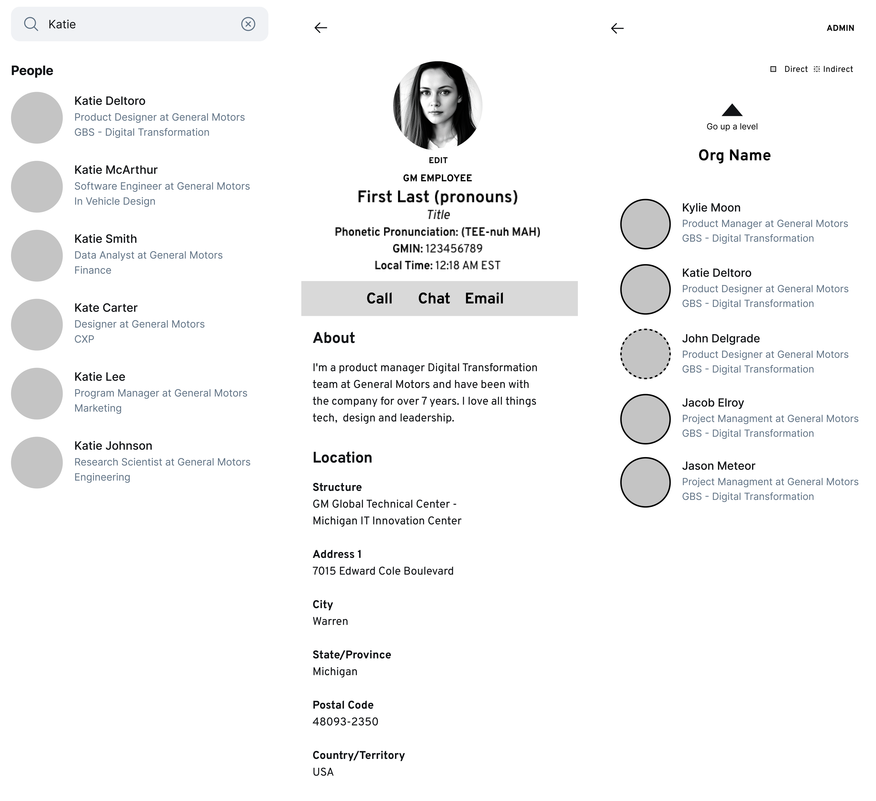 Corporate Directory low fidelity wireframes