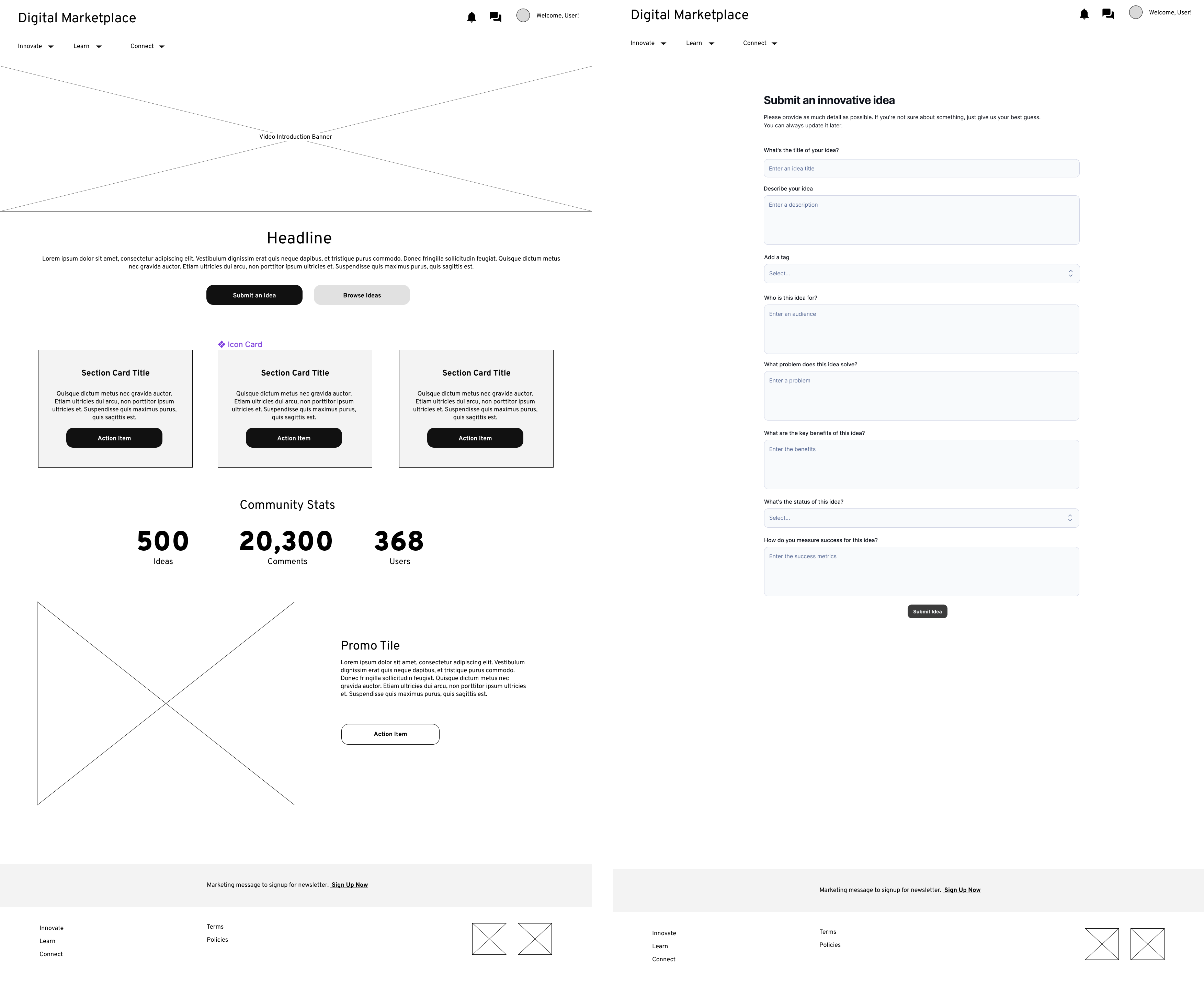 Digital Marketplace low fidelity wireframes